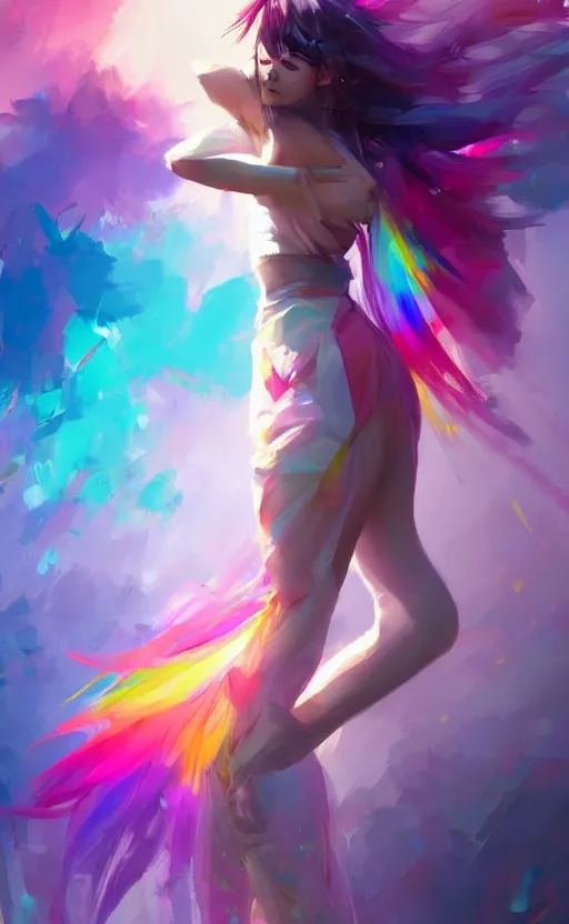 Prompt: a cute woman with rainbow hair dancing, cute tube-top long dress, In style of Yoji Shinkawa, wojtek fus, by Makoto Shinkai, concept art, highly detailed