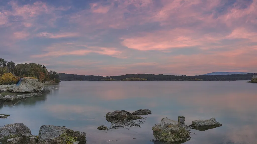 Image similar to tranquil mesmerizing calm lake at sunset detailed, 8k, mesmerizing, low saturation, high resolution