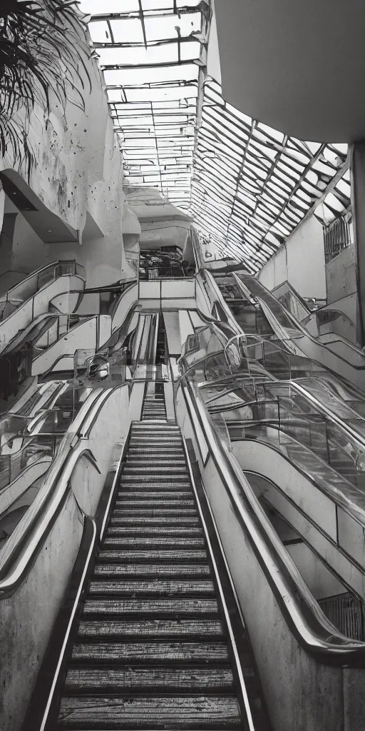 Prompt: 1980s magazine photo of an escalator in an abandoned mall, with interior potted palm trees, and decaying pink walls, dappled sunlight, cool lighting