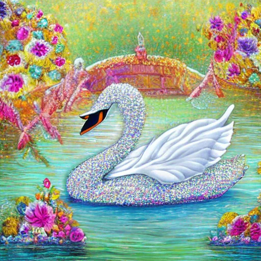 Prompt: Fantasy Swan Boat adorned in Diamonds and Flowers DayDream Painting