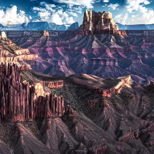 Image similar to dark gothic palace made of rock with tall spires, bristlecone pine trees, grand canyon, ultrawide cinematic 3d render, dark dramatic skies, atmospheric, vultures