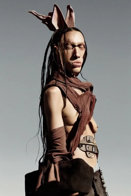 Image similar to rick owens campaign featuring jar jar binks as a female cowgirl, long eyeslashes, huge juicy lips, big seductive eyes, unprocessed colors, # nofilter, realistic vfx simulation