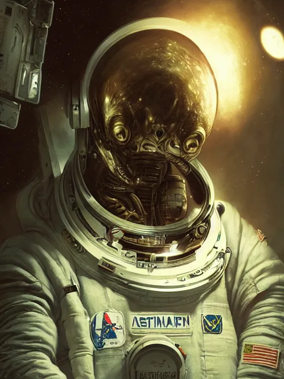 Image similar to portrait of an astronaut from alien isolation, art by ryo shiotani and greg rutkowski, intricate, beautiful, cute, cinematic lighting, vintage art by serge ivanoff, high resolution, very detailed