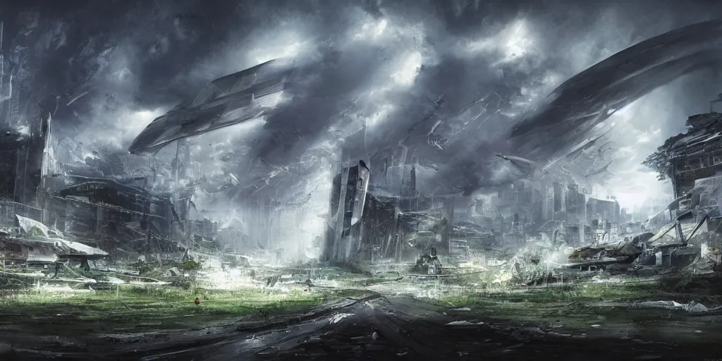 Prompt: damaged city, high - tech, concept art, forest, tornado, war, spaceship