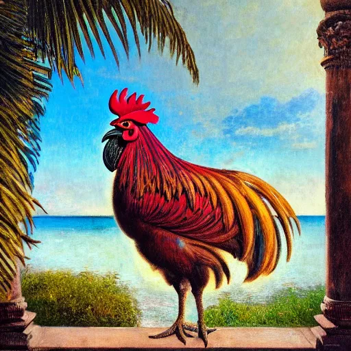 Image similar to a ultradetailed beautiful painting of a rooster in the amazonas palace balustrade designed by jules bastien - lepage, hans belmer, frank weston and gustave baumann, beach, trending on artstation, mediterranean, palm trees, refracted color sparkles, sharp focus, soft light, 8 k 4 k