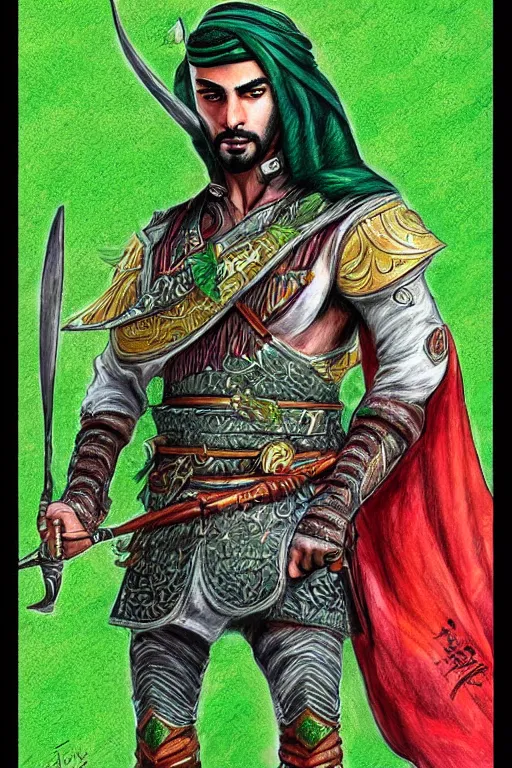 Prompt: arabian warrior, with green turf and flag, realistic, sketch and art by jacqueline e, color by bo feng lin