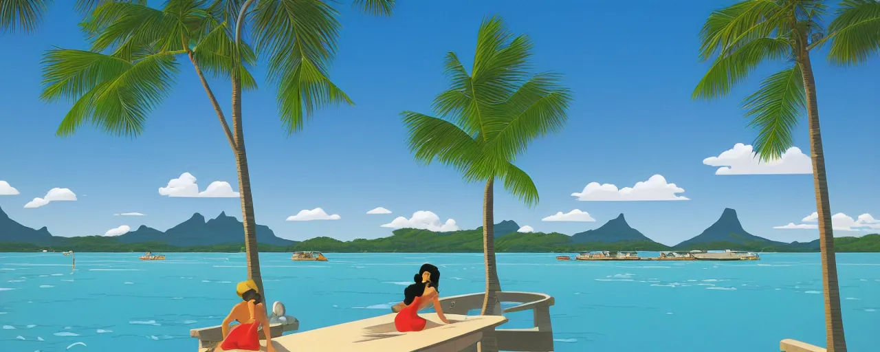 Prompt: serene bora bora landscape, disney, hiroshi nagai