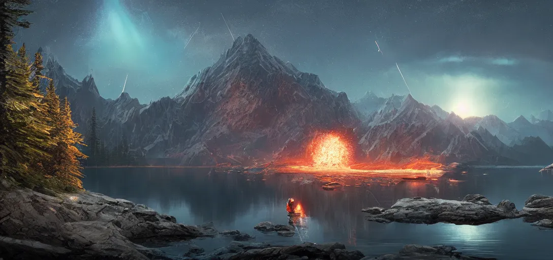 Prompt: Meteor hitting a Mountain Lake in canadian wilderness, dynamic lighting, volumetric, bokeh, cinematic, establishing shot, extremly high detail, photo realistic, cinematic lighting, post processed, concept art, artstation, matte painting, style by eddie mendoza, raphael lacoste, alex ross