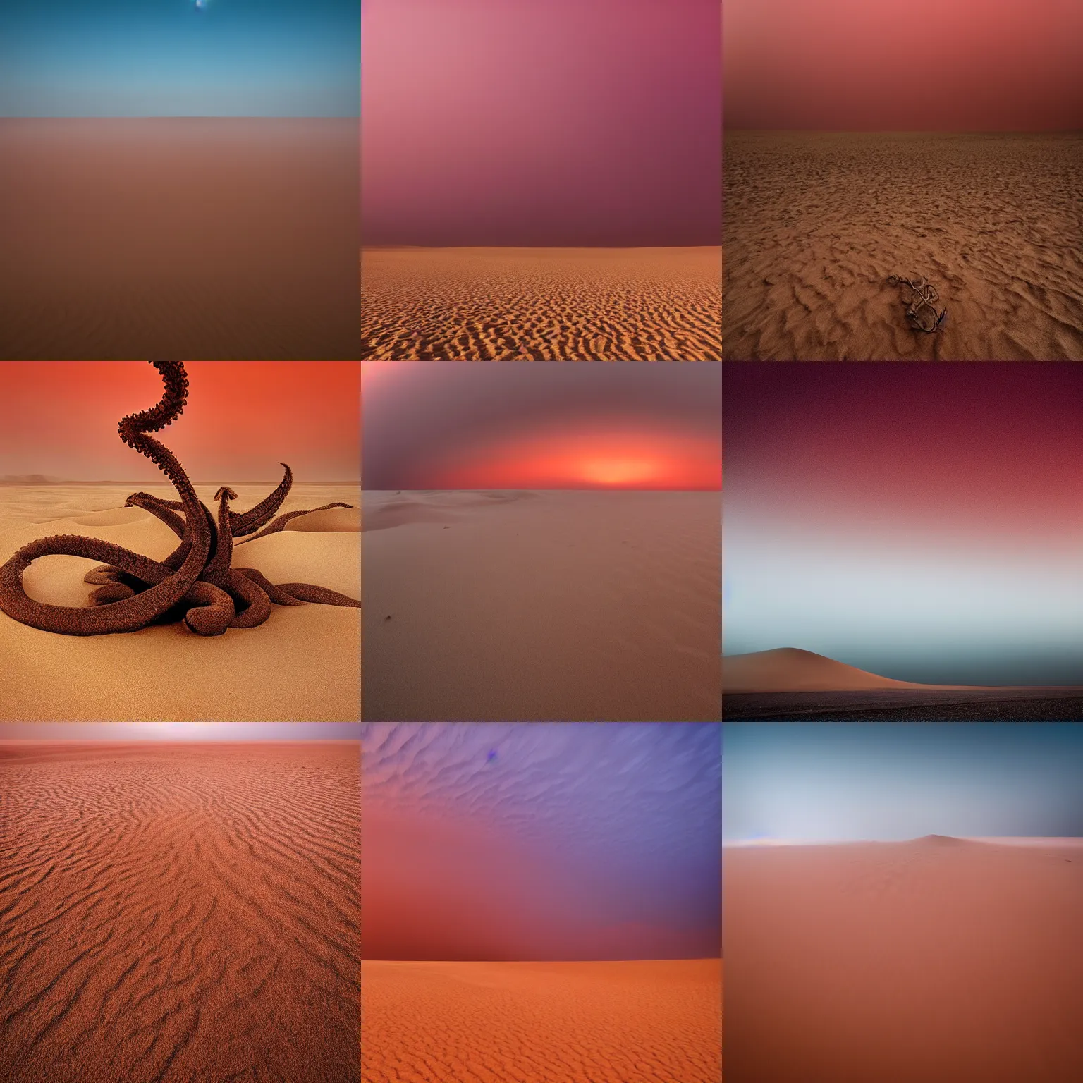 Prompt: nature photography of kraken, sahara desert, redish sky, distant sandstorm, digital photograph, award winning, digital photograph, telephoto lens, national geographic