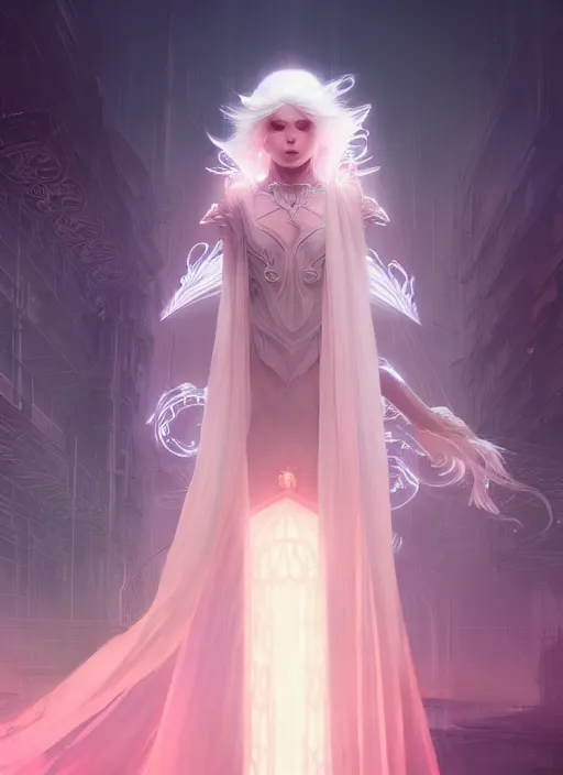 Image similar to a beautiful white haired princess, intricate concept art, ethereal, ominous, mysterious, enchanted, magic, dramatic lighting, illuminated lines, outrun, vaporware, cyberpunk darksynth, dark background, 8 k, by ruan jia and krenz cushart and alphonse mucha