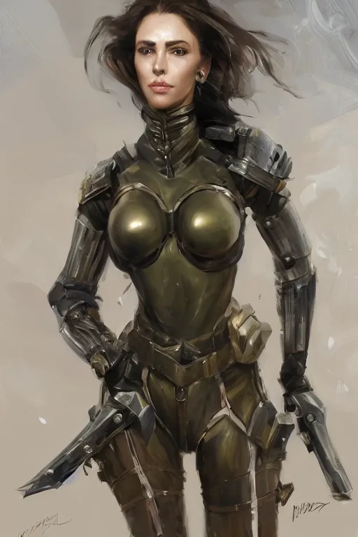 Image similar to a professionally painted portrait of an attractive young woman, clothed in military armor, olive skin, long dark hair, beautiful bone structure, symmetrical facial features, intricate, elegant, digital painting, trending on Artstation, concept art, smooth, sharp focus, illustration, from Metal Gear by Ruan Jia and Mandy Jurgens and Artgerm and William-Adolphe Bouguerea, award winning