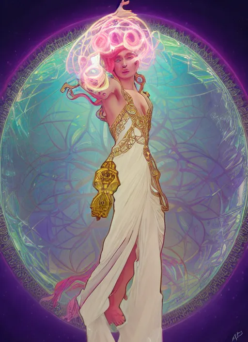 Prompt: a levitating magician surrounded by spirals of sparkling crystal, diamond and rose quartz, full body view, beautiful high quality realistic fantasy art but its hyper light drifter, trending on artstation by alphonse mucha