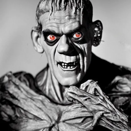 Image similar to old black and white film still photo of actor boris karloff actor as frankenstein monster character smiling in a halloween party, hyper real, hyper detailed