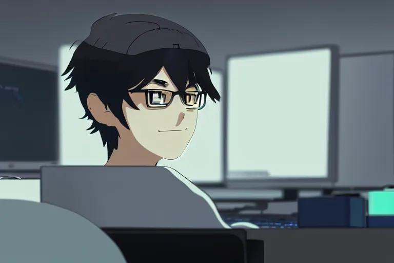 Image similar to a nerdy boy is programming at a computer in a room full of gadgets, very detailed face, by makoto shinkai and ghibli studio, dramatic lighting, highly detailed, incredible quality, trending on artstation