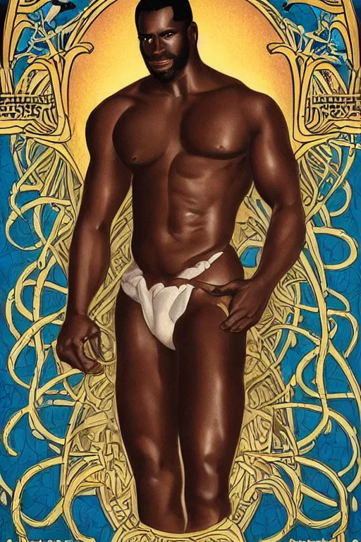 Prompt: a beautiful symmetrical tarot! card of a beefy shirtless handsome black cowboy! in front of a torrential flooding river, homoerotic, white water rapids, art deco!, art nouveau, by Mark Maggiori, trending on artstation