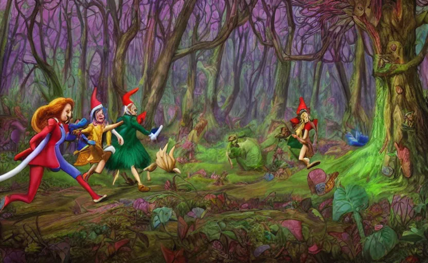 Prompt: a scene of colorful cartoon elves running through a clearing in a dark fantasy forest surrounded by darkness. hyperrealist illustration. muted colors. 1 9 7 0's pulp science fiction and fantasy cartoon for alice in wonderland and wizard of oz. highly detailed and richly colored painting. trending on artstation