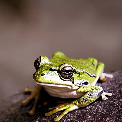 Prompt: closeup of a frog sitting on a stone in a forest, wildlife photography
