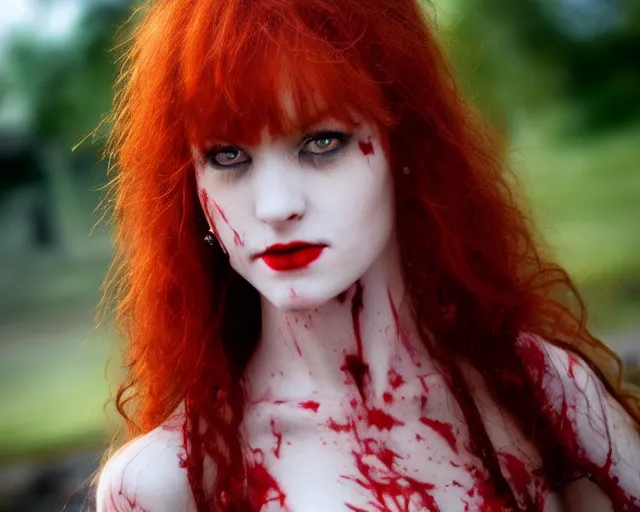 Image similar to award winning 5 5 mm close up face portrait photo of an anesthetic and beautiful redhead vampire lady who looks directly at the camera with blood - red wavy hair, intricate eyes that look like gems, and long fangs, in a park by luis royo. rule of thirds.