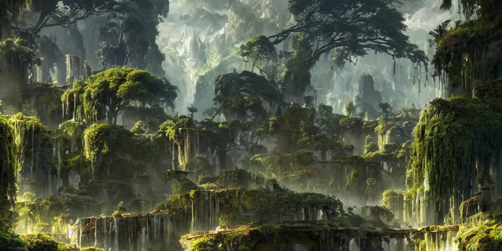 Prompt: screenshot of a verdant ancient stone marketplace in a massive ancient city, dappled light, waterfalls, colossal arcing overgrown metal structures high in the sky, beautiful, awe inspiring, fps, by james gurney, greg rutkowski, sparth, cinematography, cinematic masterpiece