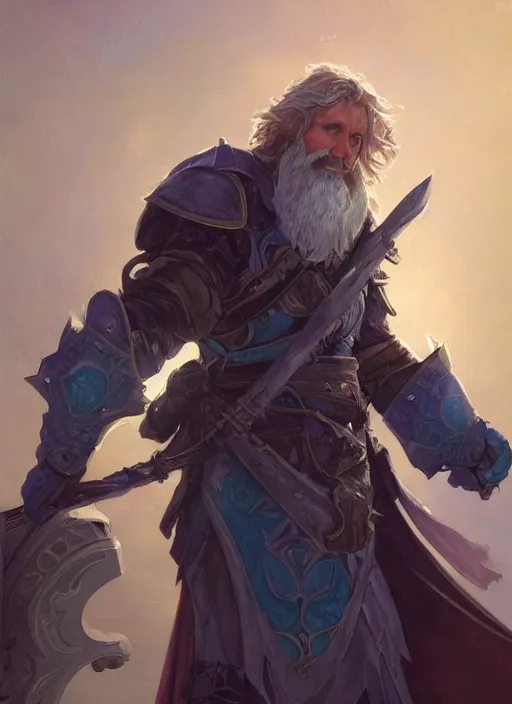 Image similar to Middle-aged paladin with a glowing teal halberd, Glowing white eyes, shaggy hair, sad, scruffy beard, dungeons and dragons portrait, highly detailed, digital painting, artstation, concept art, sharp focus, illustration, art by artgerm and greg rutkowski and alphonse mucha, Unreal Engine, 8k, HD