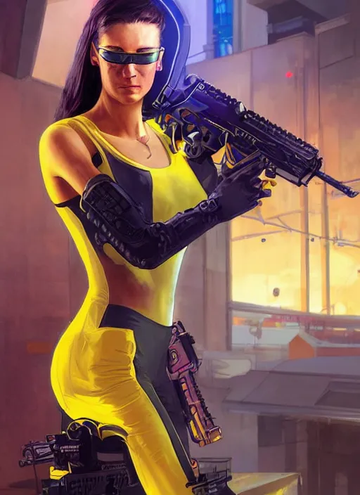 Image similar to beautiful cyberpunk female athlete in yellow jumpsuit. cyber chick firing a futuristic red automatic pistol with huge magazine. ad for pistol. cyberpunk poster by james gurney, azamat khairov, and alphonso mucha. artstationhq. gorgeous face. painting with vivid color, cell shading. ( rb 6 s, cyberpunk 2 0 7 7 )