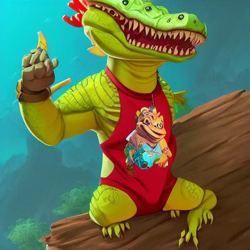 Prompt: in the style of artgerm, loish and ross tran, anthropomorphic alligator, red scales on his back, yellow scale on his belly and chest, male, waring a hawaiian shirt, in the style of zootopia