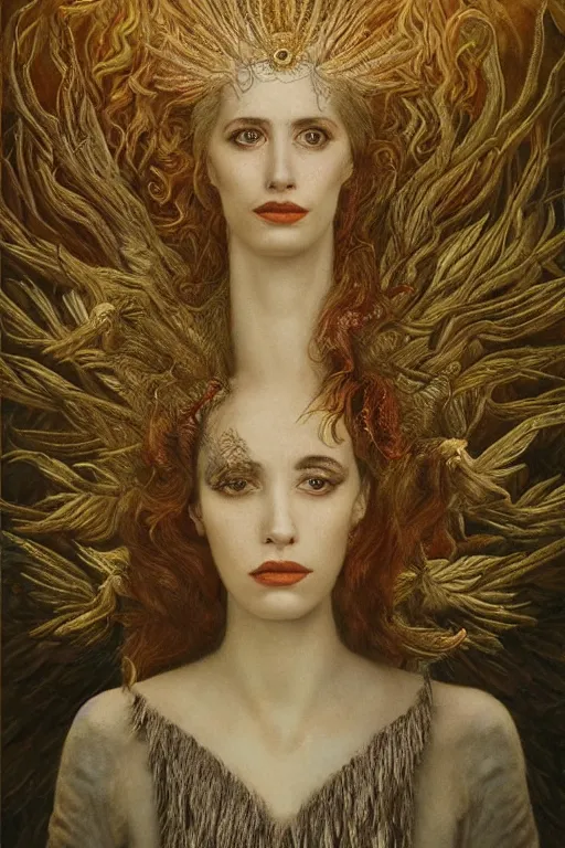 Image similar to portrait of a combination of Eva Green and Emma Roberts as the phoenix queen by agostino arrivabene and denis forkas