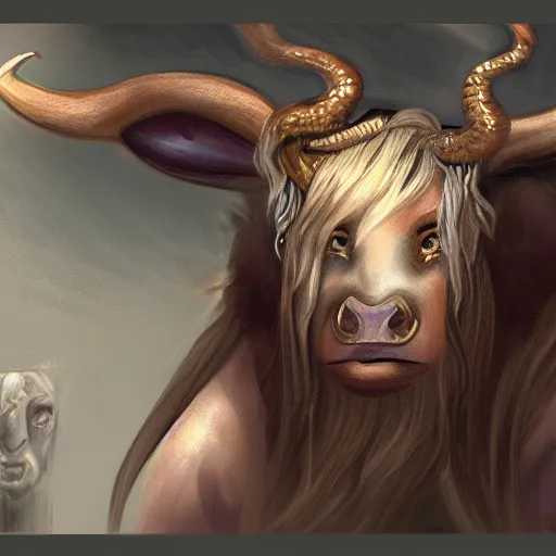 Image similar to fantasy portrait of a friendly female Minotaur mother, concept art