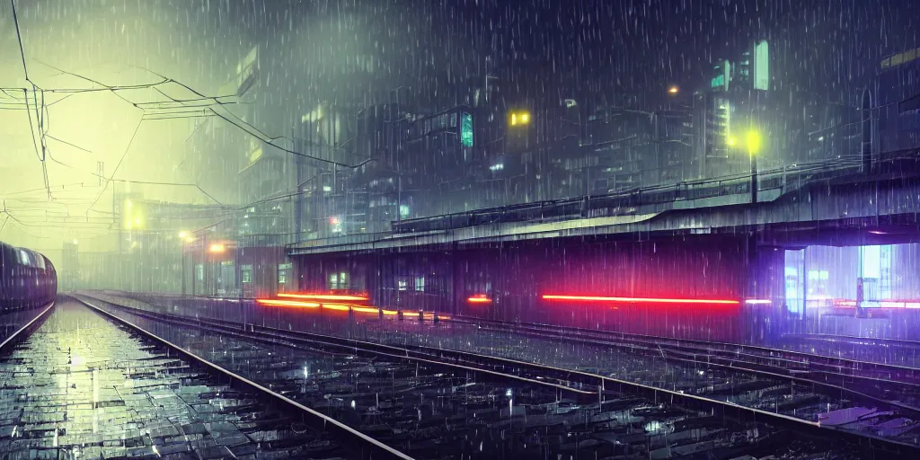 Prompt: !Train station!, futuristic bladerunner, trains, cyberpunk, train station in the rain at night, volumetric lighting, 4K, Spherical, Panorama, RealityEngine, PhotoRender, hyperdetailed, cinematic