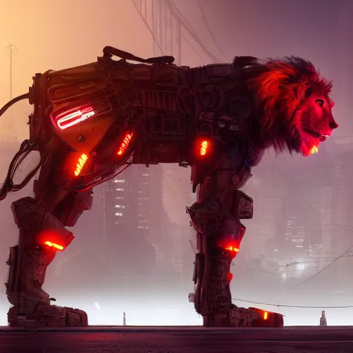 Image similar to steel cyberpunk lion red glow, concept art, matte painting by jama jurabaev, hard surface, octane render