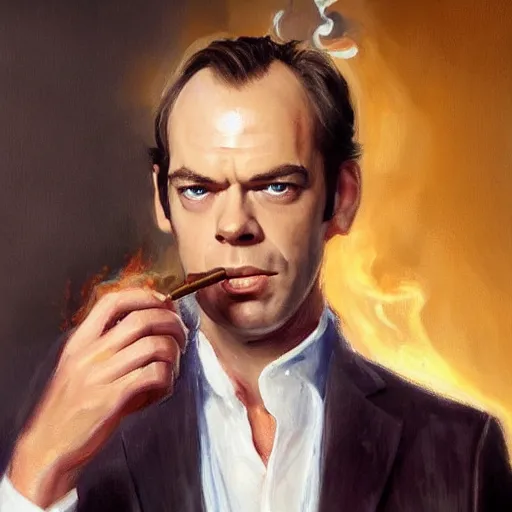 prompthunt: Portrait of Young Hugo Weaving by Greg Rutkowski in a suit  smoking a cigar, Realistic Painting, very detailed, digital painting,  trending on artstation, concept art, smooth, artstation HQ