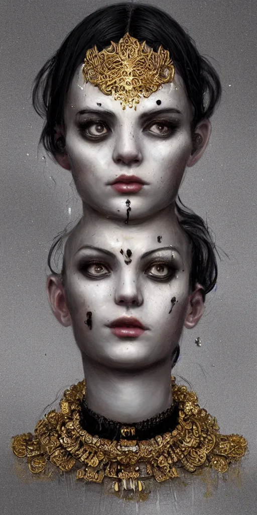 Prompt: realistic character concept, mime with lots of jewelry in the face, elegant pose, scifi, illustration, slender symmetrical face and body, artstation, cinematic lighting, hyperdetailed, cgsociety, 8 k, high resolution, charlie bowater, tom bagshaw, single face, insanely detailed and intricate, beautiful, elegant, golden ratio, dark fractal background, vfx, postprocessing