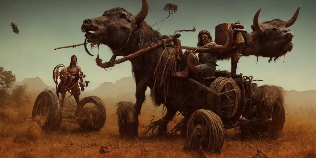 Prompt: photo of an ancient tribesman on ancient atv with big wooden wheels, hunting perfect buffalo ,attacking, wild chase, action scene, an epic fantasy, dramatic lighting, cinematic, establishing shot, extremely high detail, photorealistic, cinematic lighting, artstation, octane render, by simon stalenhag, horizon forbidden west,old photo, high speed photography, vintage