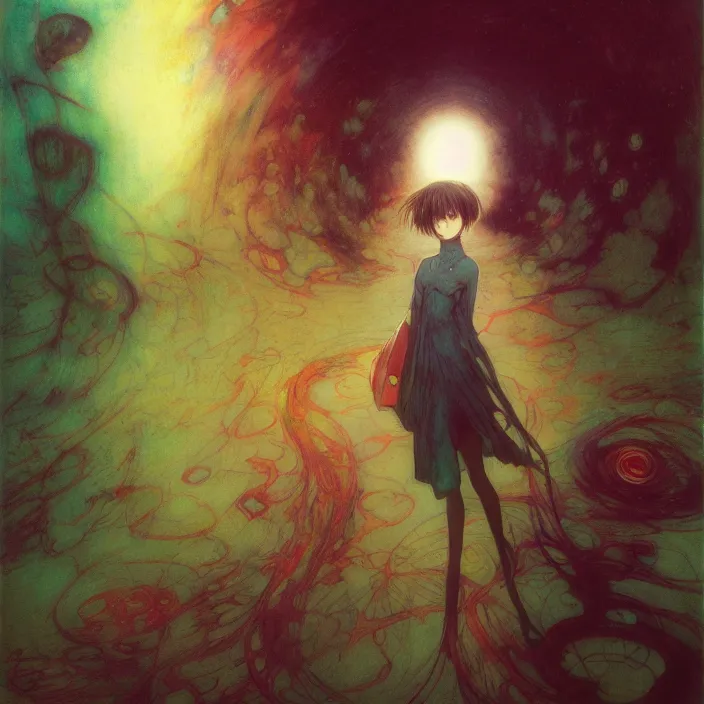 Image similar to mamimi samejima, psychedelic background, female anime character, Lain, uwu, uwu, Luminism Romanticism by John William Waterhouse Beksinski Finnian MacManus Ruan Jia, uwu Hi-Fructose, Artstation, HD, HDR, High Resolution, 1024x1024, technological rings, giygas, demon souls, bloodborne boss