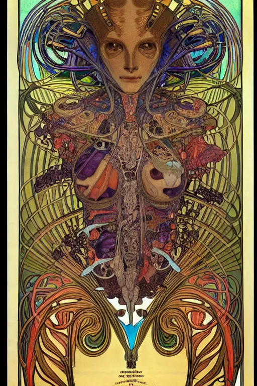 Image similar to extremely psychedelic anatomically accurate diagram of alien animal, intricate parts, fine details, hyper realistic, by seichen, alphonse mucha, surreal