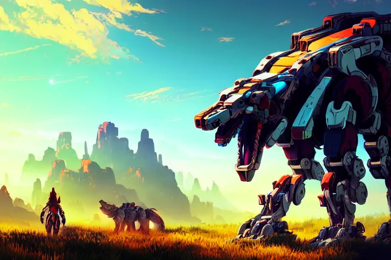 Image similar to wolf - mecha machine mecanical creature robot of horizon forbidden west horizon zero dawn radiating a glowing aura global illumination ray tracing hdr fanart arstation by ian pesty and alena aenami artworks in 4 k