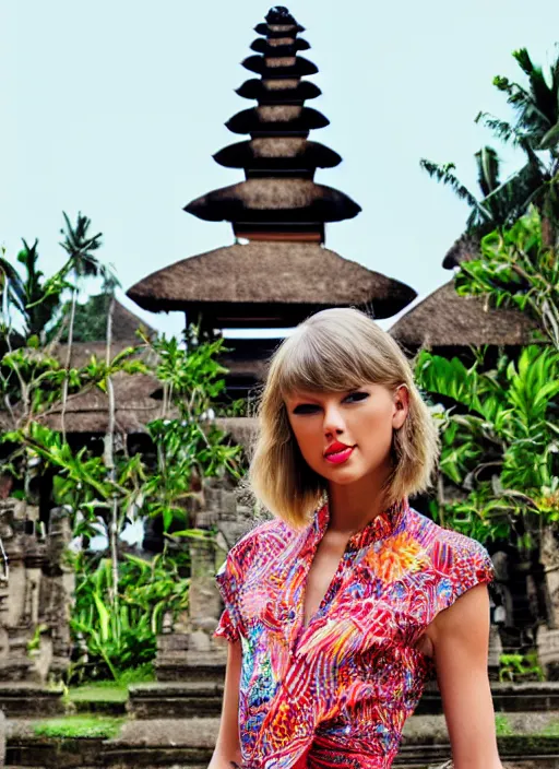 Prompt: taylor swift wearing batik bali in bali. temple background. front view. instagram holiday photo shoot, perfect faces, corrected faces, 3 5 mm, award winning photography