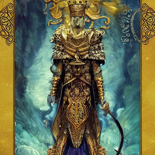 Prompt: tarot card, intricate detailed handsome king with sword staring by dave mckean, ross tran, trees, rocks, water, golden ratio, ornate, vivid colors, trending on ArtStation, cgsociety gustav klimt photography tiltshift particle tarot sandman covers