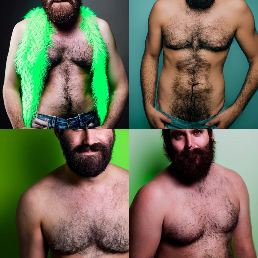 Prompt: a DSLR photo portrait of a hirsute man with neon green chest hair