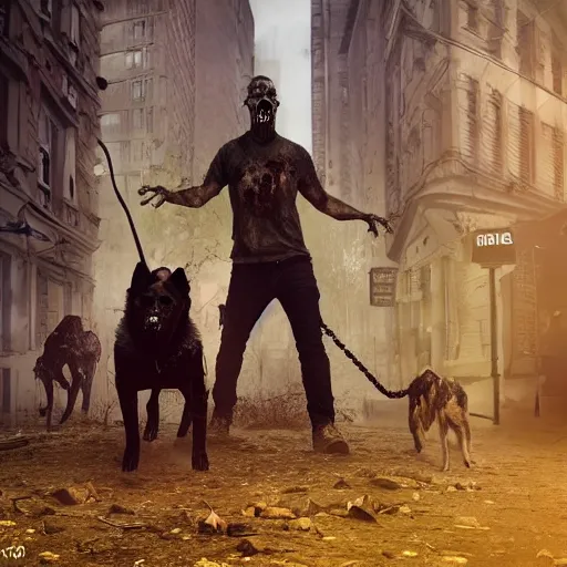 Prompt: dogwalker with german shepherd as angry zombie in a city park, full body portrait, horror core, apocalyptic, sharp focus, fiction, hyper detailed, digital art, trending in artstation, cinematic lighting, studio quality, smooth render, unreal engine 5 rendered, octane rendered, art style and nixeu and wlop and krenz cushart