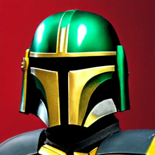 Prompt: Levi Ackerman wearing Mandalorian armor, holding his helmet. The armor is gray, red, gold, green, and white