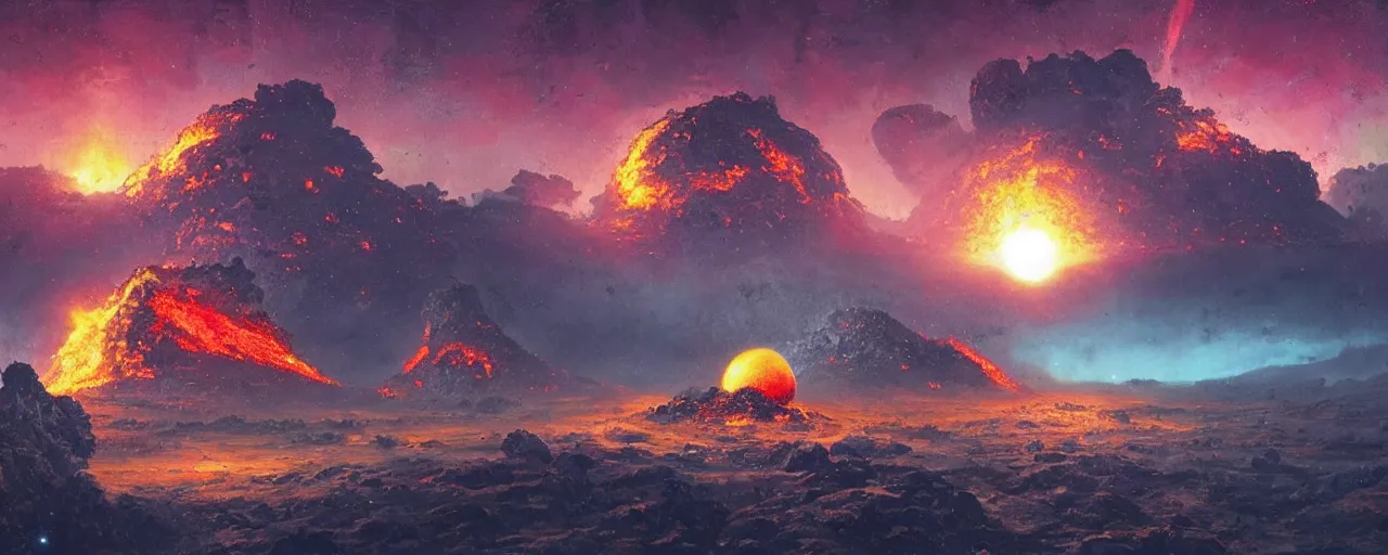 Image similar to ” outer planet with erupting volcanoes, [ art by paul lehr, cinematic, detailed, epic, widescreen, opening, establishing, mattepainting, photorealistic, realistic textures, octane render ] ”