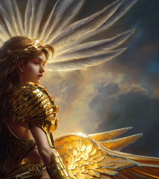 Prompt: A beautiful angel wearing metallic battle armor and a flaming sword, wing, among heavenly sunlit clouds, close-up shot, intricate, elegant, digital painting, golden hour, cinematic, trending on artstation, concept art, smooth, sharp focus, illustration, art by artgerm and Greg Rutkowski and Alphonse Mucha