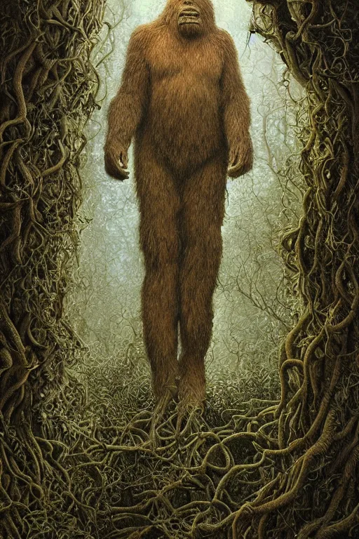 Image similar to intricate stunning highly detailed portrait of bigfoot, 🌱, by agostino arrivabene and vladimir kush, surreal, digital painting, ultra realistic, dramatic lighting, twisted vines, lush plants, pristine water, artstation