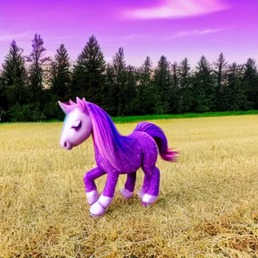 Image similar to purple pony trotting through a cotton candy and candy cane field