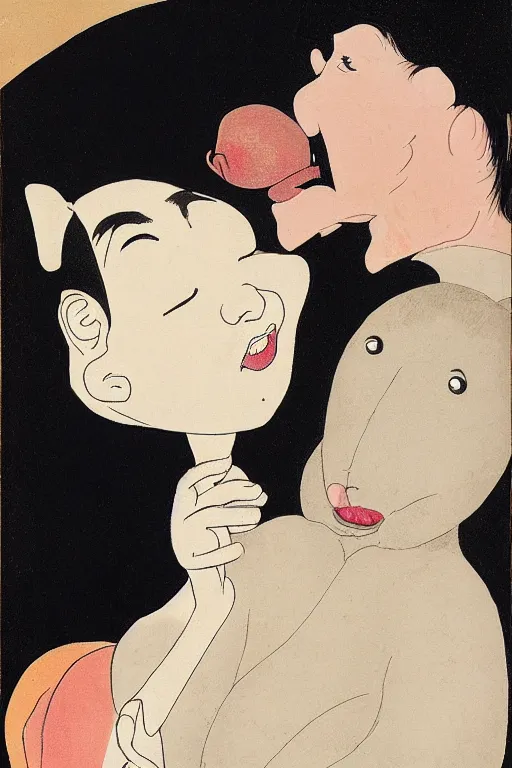 Image similar to portrait of a girl giving a peach to a large anthropomorphic asian black bear, in the style of foujita tsuguharu