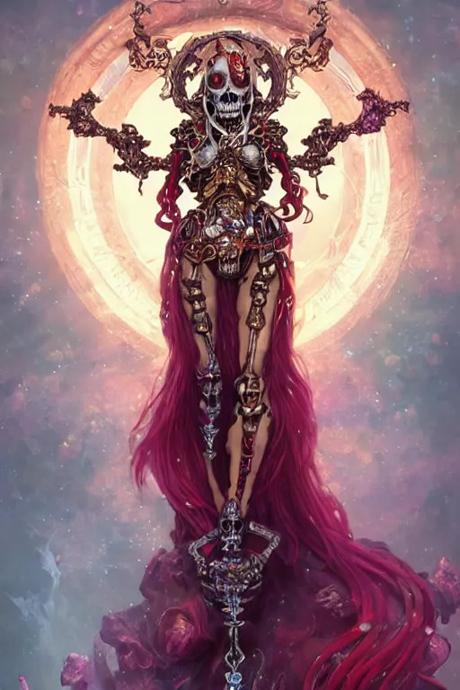 Image similar to woman lich skeleton made of iridescent aether and shiny gems covered with blood, long red hair, golden necklace, ultra realistic, concept art, intricate details, highly detailed, photorealistic, octane render, 8 k, unreal engine. dnd art by artgerm and greg rutkowski and alphonse mucha