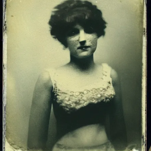 Prompt: old photo of a party girl, daguerrotype, tintype, dirty. faded. old photograph, polaroid, highres, wet plate collodion,