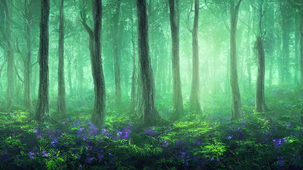 Image similar to portrait of an ethereal evergreen forest made of green and purple light with log cabin made of blue light, divine, cyberspace, mysterious, dark high-contrast concept art