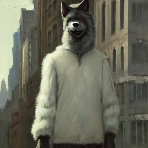 Image similar to new york city portrait of furry anthro anthropomorphic white wolf head animal person fursona wearing clothes police uniform in the alley, sunny day, digital art by Nerdrum John, William Waterhouse, Winslow Homer, Alex Heywood, Jordan Grimmer, Darren Quach, Greg Rutkowski, Simon Stalenhag, trending on Artstation, CGSociety